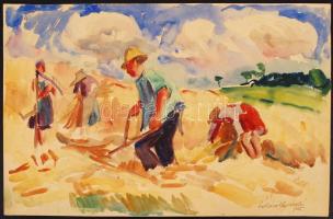 Ádámffy László (1902-?): Aratás. Akvarell, papír, jelzett, apró szakadással, 25×39 cm
