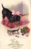 Name day, Dachshund, cat, Cellaro litho (EK)