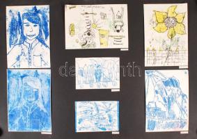 Iskolások klf nyomatai névvel, több mint 50 db, néhány viseltes állapotban, kartonra ragasztva