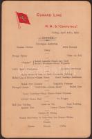 1907 A Titanicot mentő R.M.S. Carpathia gőzös nyomtatott étel- és itallapja / 1907 Menu card of R.M.S. Carpathia