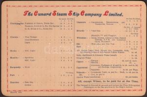 1907 A Titanicot mentő R.M.S. Carpathia gőzös nyomtatott étel- és itallapja / 1907 Menu card of R.M....