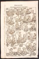 1493 II. Henrik német római császár (1002-1024) családfája. A Nürnbergi krónika CLXXXVI. lapja. Fametszet. Hátoldalán Henrik és Kunigunda képével és történetével /  1493 Page of the Nurnberg Chronicles with genealogic table oh Emperor Heinrich II. Wood engraving of king Matthias 28x43 cm
