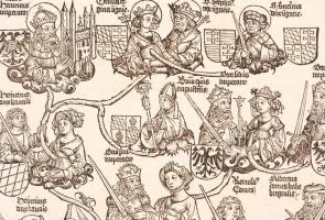 1493 II. Henrik német római császár (1002-1024) családfája. A Nürnbergi krónika CLXXXVI. lapja. Fame...