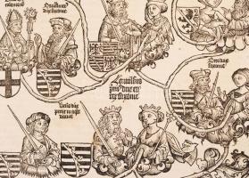1493 II. Henrik német római császár (1002-1024) családfája. A Nürnbergi krónika CLXXXVI. lapja. Fame...