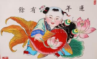 Kínai új évi üdvözlő plakát, eredeti dísztokban, tartófára felcsavarva, 120×65 cm/ Chinese New Year ...