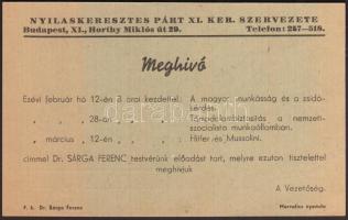 cca 1939-1945 A Nyilaskeresztes Párt XI. kerületi szervezetének kitöltetlen meghívója