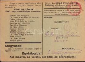 1932 Bp., A Magyar Tábor 1000 tagú vezetősége által kiadott hazafias gyűlésére szóló meghívó