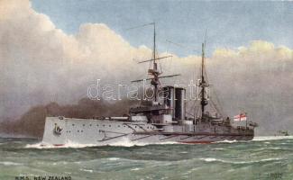 HMS New Zealand, 'Our ironclads' Series V., Raphael Tuck & Sons, Oilette Postcard 9183. s: William Frederick Mitchell