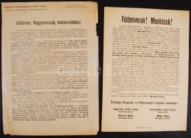 cca 1919 Az Országos Kisgazda- és Földmívespárt központi vezetősége és a Keresztény Magyarország Egyesület Pártjai által kiadott 2 db politikai szórólap