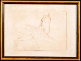 Mertz Éva: Lovak. Hidegtű, papír, jelzett, üvegezett keretben, 14×20 cm