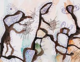 Szeift Béla (1944-): Kerti lények. Vegyes technika, papír, jelzett, üvegezett keretben, 30×40 cm