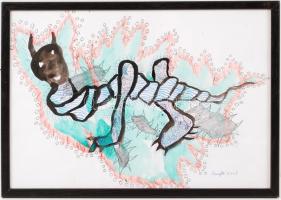 Szeift Béla (1944-): Ördögi lény. Vegyes technika, papír, jelzett, üvegezett keretben, 30×40 cm