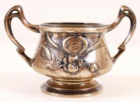 Szecessziós ezüst (Ag.) mokkás készlet, cukortartó fedele és az üvegbetét hiányzik, jelzett, mesterj...