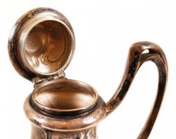 Szecessziós ezüst (Ag.) mokkás készlet, cukortartó fedele és az üvegbetét hiányzik, jelzett, mesterj...