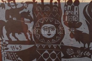 Würtz Ádám (1927-1994): Mesevilág. Színezett linó, papír, jelzett, üvegezett keretben, 54×34 cm