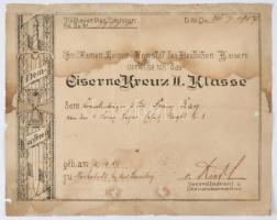 Német Birodalom / Poroszország 1887. "Vaskereszt II. osztály" adományozói okirat T:IV German Empire / Prussia 1887. "Iron Cross, II Class" original document C:G