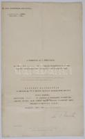 1941. "Magyar Koronás Bronzérem hadiszalagon és kardokkal" kitüntetés eredeti adományozói okirata "Magyar Királyi Honvédelmi Miniszter" feliratú domborpecséttel és a honvédelmi miniszter, vitéz Bartha Károly aláírásával ellátva. T:III Hungary 1941. "Hungarian Bronze Medal with the Holy Crown on a war ribbon with swords" decoration document with original signature of vitéz Bartha Károly (Royal Hungarian Minister of Defence) C:F