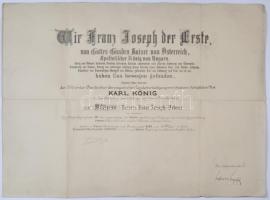 1916. "Ferenc József-Rend" kitüntetés nagyméretű eredeti adományozói okirata domborpecséttel és a rendkancellár saját kezű aláírásával ellátva! T:III Hungary 1916. Original document of the decoration "Orden of Franz Joseph" with signature of the Orden Chancellor! C:F