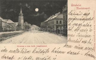 Munkács, Fő utca, Katolikus templom; Bertsik Emil kiadása / main street at night