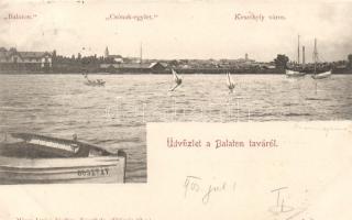 Balaton, a 'Gusztáv' csónak, háttérben Keszthely; Mérei Ignácz kiadása