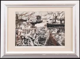 Maurer Dóra (1934): Cattaroi matrózfelkelés. Rézkarc, Jelzett. 20 x 30 cm üvegezett keretben