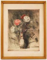1959 Ősz Dénes: (1915-1980): Szegfűk. Rézkarc. Jelzett. 40x50 cm üvegezett keretben