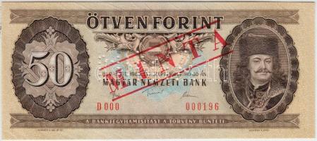 1980. 50Ft "D 000 - 000196" sorozat és sorszámmal illetve piros "MINTA" felülnyomással és perforációval T:I (gyári papírráncokkal) Hungary 1980. 50 Forint with "D 000 - 000196" serial number and with red "MINTA" (SPECIMEN) overprint and perforation C:UNC Adamo F22Ma