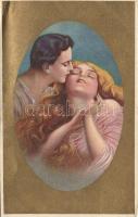 Unsigned Italian art postcard, kissing couple (EB)