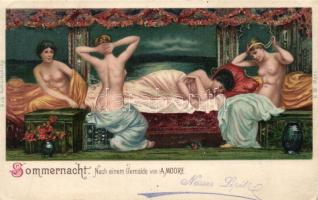 Sommernacht, erotic art postcard, litho s: A. Moore (EK)