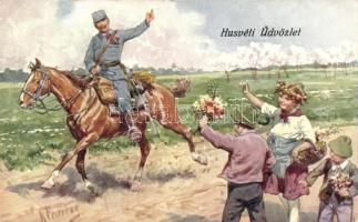 Military Easter greeting card, soldier on horse, children, B.K.W.I. 4699-2 s: K. Feiertag