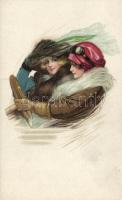 Ladies in an automobile, litho