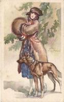 'Anna & Gasparini' Italian art postcard, lady with dog s: A. Terzi (Rb)