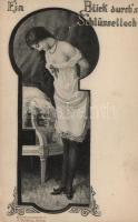 Erotikus képeslap, 'Ein Blick durch's Schlüsseloch' Künstlerpostkarte 6. J. Goldiner; erotic postcard