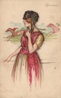 'Anna & Gasparini' Italian art postcard, lady at the horse race s: Busi, Olasz m,űvészeti képeslap, kalapos hölgy a lóversenyen, s: Busi