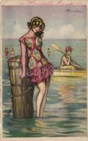 'Anna & Gasparini' Italian art postcard, ladies at the beach s: Busi (fa)