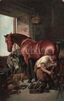 'In der Schmiede' / Farrier, horse, donkey, dog, Stengel 29179 litho s: Sir Edwin Landseer (fl)