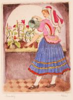 Alpár Sándor (1935-2004): Magyar népviselet / Hungarian peasant costumes 10 darabos színezett rézkar...