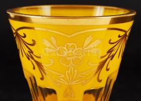 Sárga, aranyozott, hámozott üveg kupa / Carved glass 13 cm