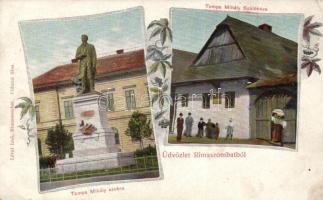 Rimaszombat, Tompa Mihály szobra és szülőháza / statue and birthplace of Mihály Tompa, floral (EK)