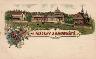 1899 Radhost, Pohorska Jednota / alpine houses, floral litho (EK)
