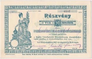 Balatonboglár 1927. "Boglári Takarékpénztár Részvénytársaság" részvénye 10P-ről, szárazpecséttel T:I-