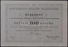 Marosvásárhely 1909. "Marosvásárhelyi Közhasznú Takarékpénztár Részvénytársaság" részvénye 100K-ról, szárazpecséttel és részvényekkel T:I-