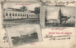 Temesszentandrás, Magyar királyi állami népiskola, Fő utca, Római katolikus templom / school, street, church Art Nouveau (ázott / wet damage)