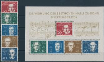 1959 Beethoven blokk Mi 2 + blokkból kiszedett bélyegek Mi 315-319