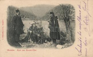 Bosna riverside; Rast am Bosna-Ufer / a rest by the river Bosna, folklore