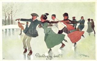 Ice skating, New Year greeting B.K.W.I. 556-1. s: Schönpflug