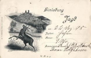 1898 Einladung zur Jagd / Invitation to the hunt deer, hunter (b)