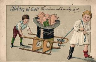 New Year, pigs, children, clover, Emb. litho (EK)