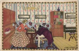 Chess game, couple, B.K.W.I. 670-6 s: Mitzi Marbach (EB)