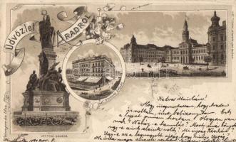 1899 Arad, Vértanu szobor, Színház, Városháza, Lengyel Lipót kiadása / statue, theatre, town hall, floral litho (EK)